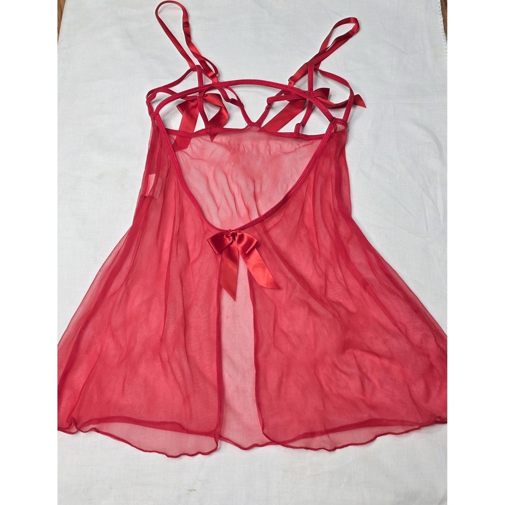 Vtg Dreamgirl Lingerie Babydoll Gown Queen O/S Red Sheer Mesh Bow Strappy Plus - Picture 9 of 11